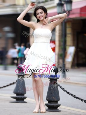 On Sale White A-line Chiffon Strapless Sleeveless Beading Knee Length Zipper Evening Dress