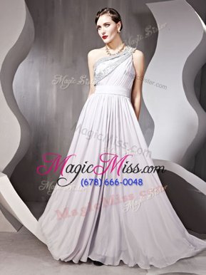 Deluxe One Shoulder Chiffon Sleeveless Floor Length Prom Evening Gown and Beading