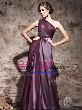 Sexy One Shoulder Sleeveless Side Zipper Floor Length Beading and Ruching Evening Dress