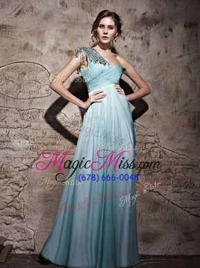 Edgy Empire Dress for Prom Light Blue One Shoulder Chiffon Sleeveless Floor Length Side Zipper