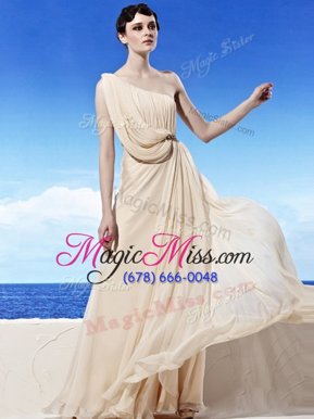 Charming One Shoulder Champagne Sleeveless Chiffon Side Zipper Prom Evening Gown for Prom and Party