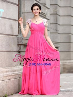 Most Popular Rose Pink Prom Evening Gown Prom and Party and For with Beading V-neck Cap Sleeves Zipper