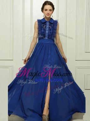Customized Sleeveless Chiffon With Brush Train Zipper Prom Gown in Royal Blue for with Appliques