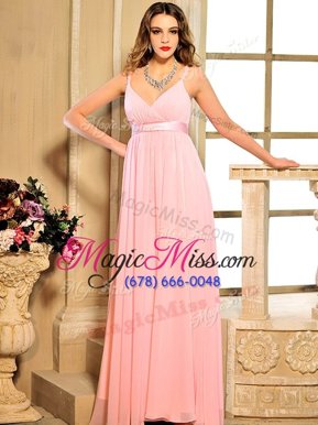 Pretty Baby Pink Lace Up Spaghetti Straps Ruching and Bowknot Prom Evening Gown Chiffon Sleeveless