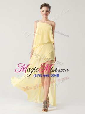 Extravagant One Shoulder Yellow Sleeveless Chiffon Zipper Hoco Dress for Prom and Party