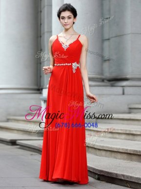 Eye-catching Sleeveless Floor Length Beading Zipper Homecoming Dress with Red