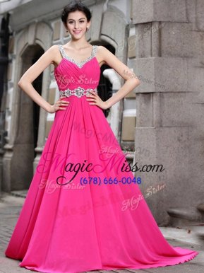 Cheap Hot Pink Zipper Prom Evening Gown Beading Sleeveless Brush Train