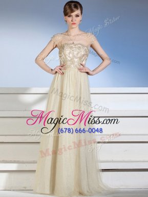 Modest Floor Length Champagne Prom Dresses Bateau Sleeveless Side Zipper