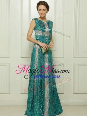 Sophisticated Scoop Floor Length Teal Evening Dress Tulle Sleeveless Beading and Sequins