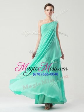 Fine One Shoulder Turquoise Sleeveless Beading and Ruching Ankle Length