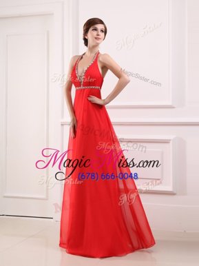 Captivating Halter Top Red Sleeveless Beading Floor Length Prom Evening Gown