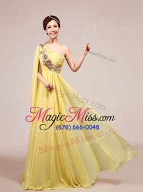 On Sale One Shoulder Sleeveless Chiffon With Train Sweep Train Zipper Evening Dress in Light Yellow for with Appliques and Ruching