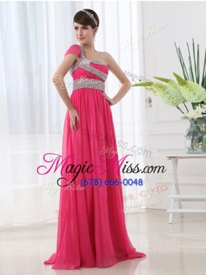 Simple Rose Pink Side Zipper One Shoulder Beading and Ruching Chiffon Cap Sleeves Brush Train