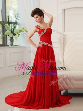 Unique Red Zipper One Shoulder Beading and Ruching Dress for Prom Chiffon Sleeveless Sweep Train