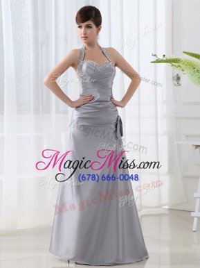 Deluxe Halter Top Sleeveless Lace Up Prom Evening Gown Silver Satin