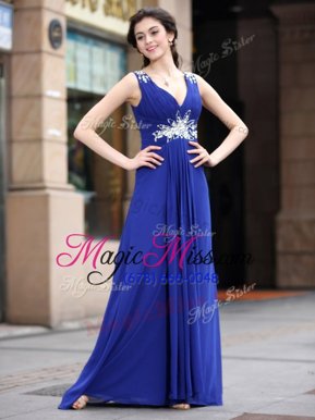 Clearance Blue Sleeveless Beading and Appliques and Ruching Floor Length Evening Dress