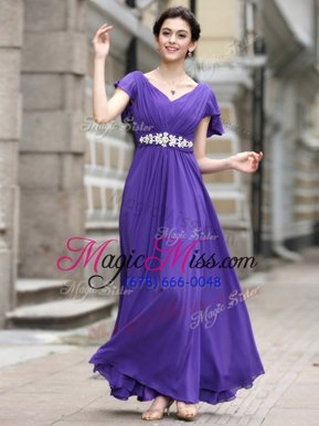 Best Selling Purple Prom Dress Prom and Party and For with Beading and Appliques and Ruching V-neck Cap Sleeves Zipper
