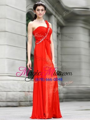 Dramatic One Shoulder Red Sleeveless Beading and Hand Made Flower Floor Length Evening Dress