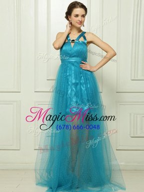 Fabulous Halter Top Turquoise Sleeveless With Train Belt Criss Cross Prom Dresses