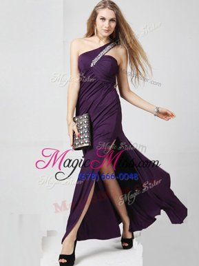 Low Price One Shoulder Chiffon Sleeveless Floor Length Dress for Prom and Beading and Ruching