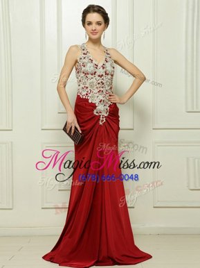 Great Elastic Woven Satin Sleeveless With Train Evening Wear Brush Train and Beading and Appliques