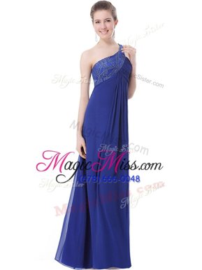 Sexy One Shoulder Floor Length Blue Prom Dresses Chiffon Sleeveless Beading
