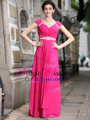 On Sale Hot Pink Zipper V-neck Beading Prom Gown Chiffon Sleeveless