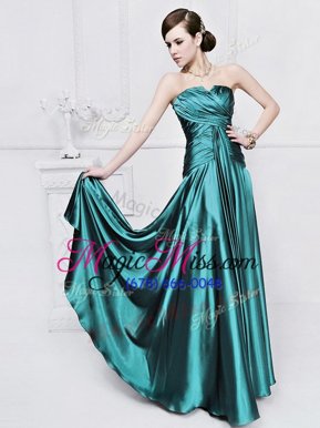 Adorable Sleeveless Elastic Woven Satin Floor Length Lace Up Evening Gowns in Teal for with Ruching