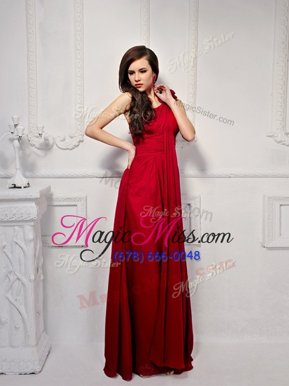 Sophisticated One Shoulder Wine Red Sleeveless Floor Length Ruching and Hand Made Flower Side Zipper