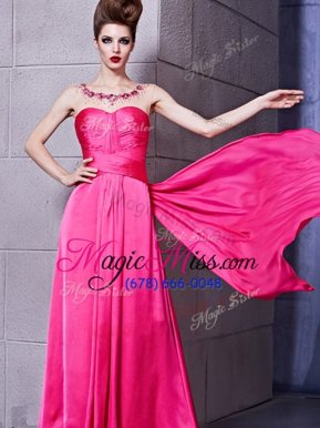 Glittering Hot Pink Zipper Prom Party Dress Ruching Sleeveless Floor Length