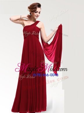 Empire Homecoming Dress Wine Red One Shoulder Chiffon Sleeveless Floor Length Zipper