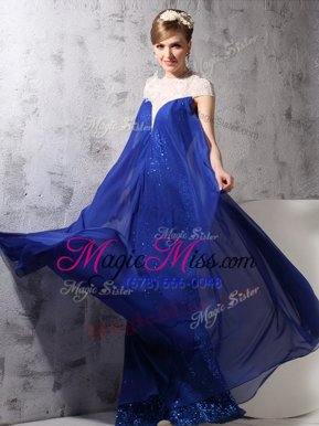 Hot Selling Sleeveless Floor Length Lace and Sequins Zipper Prom Gown with Royal Blue