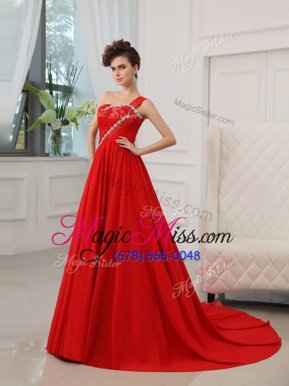 Top Selling Red Ball Gowns Silk Like Satin One Shoulder Sleeveless Beading and Ruching Zipper Prom Dress Court Train
