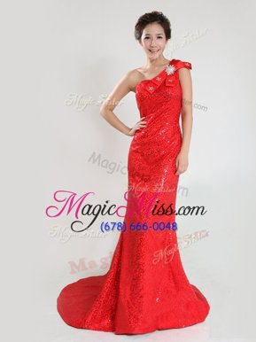 Nice One Shoulder Sequins and Bowknot Evening Party Dresses Red Zipper Sleeveless Sweep Train