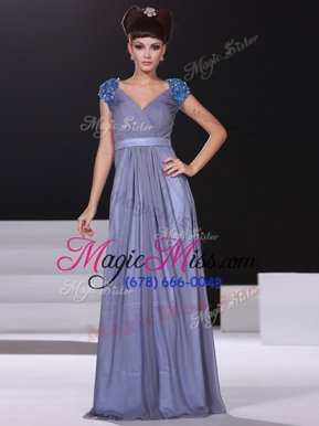 Nice Short Sleeves Floor Length Beading and Ruching Zipper Ball Gown Prom Dress with Lavender