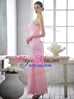 Extravagant Ankle Length Baby Pink Prom Dresses One Shoulder Sleeveless Lace Up