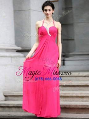 Charming Halter Top Sleeveless Chiffon Floor Length Zipper Prom Party Dress in Hot Pink for with Beading