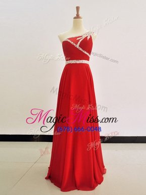 Latest One Shoulder Red Sleeveless Chiffon Zipper for Prom