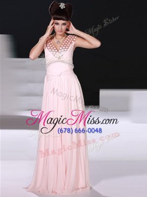 Delicate Sleeveless Chiffon Floor Length Zipper Dress for Prom in Baby Pink for with Beading