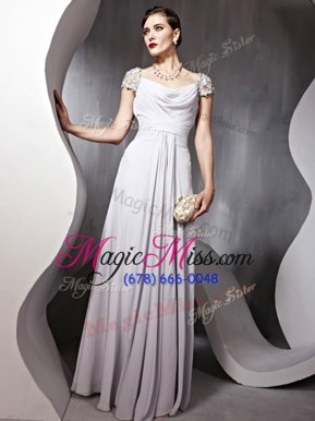 Super Silver Prom Dress Prom and Party and For with Beading and Ruching Square Cap Sleeves Zipper