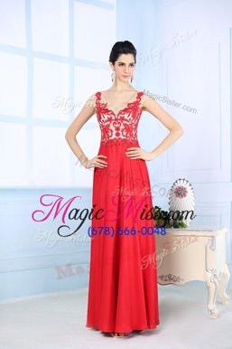 Modern Watermelon Red Chiffon Zipper Straps Sleeveless Floor Length Prom Dresses Lace