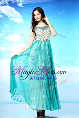 Sexy Turquoise Side Zipper Scoop Pleated Prom Dresses Chiffon Sleeveless