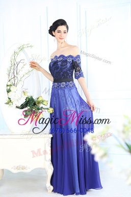 Most Popular Scalloped Chiffon Half Sleeves Floor Length Prom Party Dress and Beading and Appliques