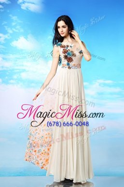 Romantic White Chiffon Side Zipper Scoop Sleeveless Ankle Length Evening Dresses Appliques and Ruching and Pattern