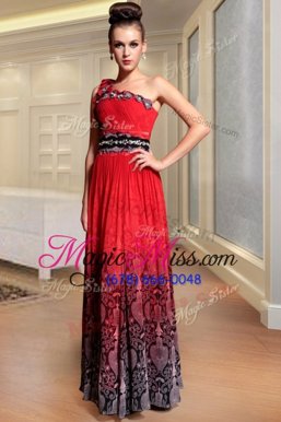 Fine One Shoulder Red And Black Chiffon Side Zipper Prom Party Dress Sleeveless Floor Length Beading and Pattern and Pleated