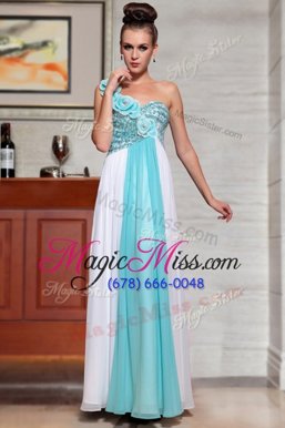 Cute Ankle Length Blue And White Prom Gown Chiffon Sleeveless Beading and Sequins and Hand Made Flower