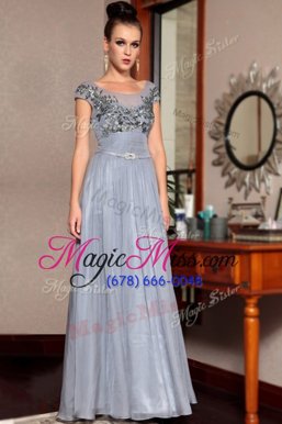 Custom Designed Grey Side Zipper Scoop Beading and Sequins and Ruching and Belt Mother Of The Bride Dress Chiffon Cap Sleeves