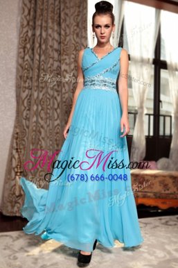 Captivating V-neck Sleeveless Prom Dresses Ankle Length Beading and Appliques and Ruching Aqua Blue Chiffon