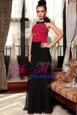 Wonderful Scoop Red And Black Sleeveless Ruching and Hand Made Flower Floor Length Prom Gown