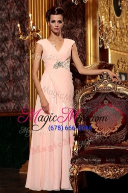 Pretty Pink Side Zipper V-neck Beading and Embroidery and Ruching Dress for Prom Chiffon Cap Sleeves